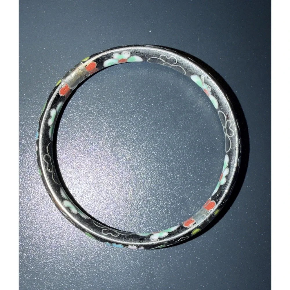 Vtg Asian Style Cloisonne Enamel Brass Bangle F Bracelet Floral Black Red Green